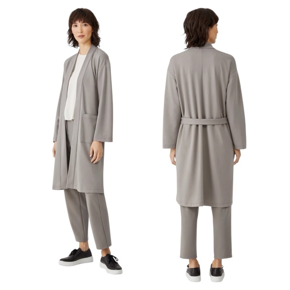 Eileen Fisher Flex Ponte Belted‎ Jacket Boxy Fit, Knee Length Grey Size Large